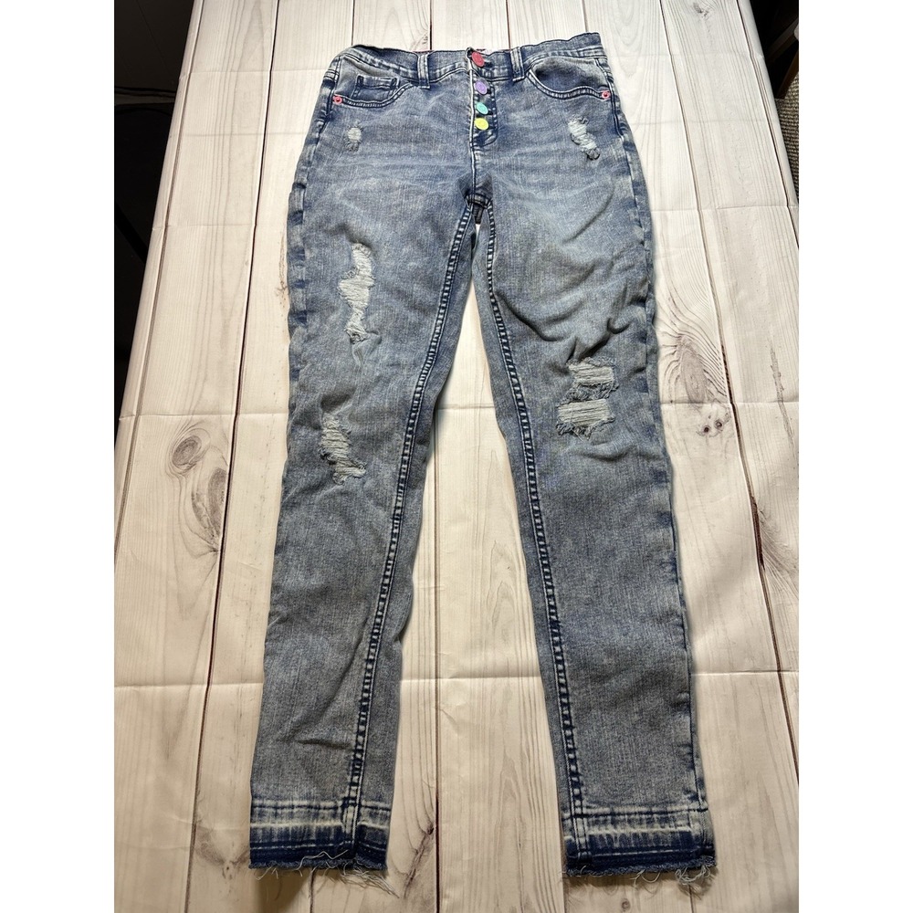 Justice Girls High Waisted Distressed Jeans Blue Multicolor Buttons Size 16